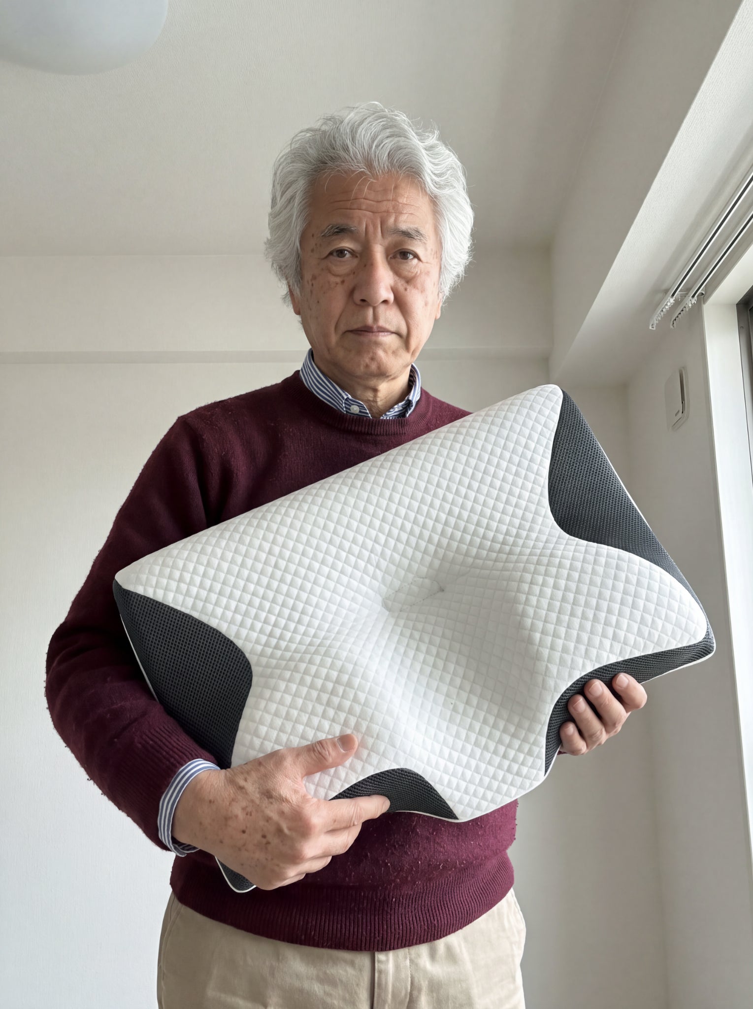 NEMURIEの枕を持ち、カメラを見る男性